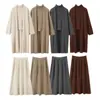 Conjunto de Tres Piezas Tejido Estilo Perezoso, Suéter de Longitud Media, Cárdigan, Cuello Alto, Chaleco Básico, Falda de Cintura Alta, Falda Larga