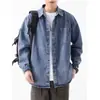 Jaqueta-camisa jeans lavada vintage de manga comprida com gola de lapela outonal para jovens, corte regular diário padrão, de alta qualidade, moderna para homens