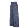 F9063 Estilo Retrô Americano Unissex High-End Resistente Múltiplos Bolsos Design Solto Masculino Calça Casual de Trabalho de Perna Larga