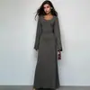 Amazon Ropa de Mujer Transfronteriza 2023 Otoño Nueva Moda Suelta Cuello U Espalda con Cordones Vestido de Manga Larga al por Mayor