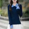 Suéter de punto para mujer otoño/invierno, corte ajustado, bloques de color, diseño de dos piezas falso, manga larga, capa base, estilo minimalista