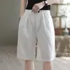 Imagem Oficial Shorts de Sarja de Algodão e Linho Verão para Mulheres, Corte Solto, Versátil, Cintura Alta, Calças de Comprimento Médio Emagrecedoras, Calças Casuais Soltas para Mulheres