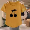 Camiseta Casual Feminina com Estampa de Cerejas, Manga Curta, Nova Coleção Verão 2024, Simples, Gola Redonda, Slim Fit