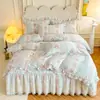 Estilo Princesa Coreana Borde de Encaje Algodón Puro Faldón de Cama Juego de Tres Piezas ins Nude Dormir Color Sólido Colcha de Algodón Antideslizante Sábana de Cama Clase A