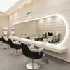 Estación de Espejo de Peluquería de Moda con Espejo Colgante Grande e Iluminación para Peluquería, Coloración y Corte