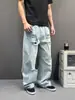 Jeans retro azul lavado com efeito desgastado bigode de gato, unissex, estilo de rua americano, design de nicho, perna reta, caimento solto, calça comprida, estilo casal