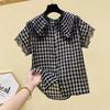 Camisa de gasa con cuello de muñeca para mujer, manga corta de verano, top muy de hadas, camisa estilo occidental, camisa a cuadros súper de hadas, camisa de encaje