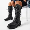 Botas Altas Plisadas Estilo Retro Europeo 2026 para Mujer con Cordones Tacón Grueso Botas Largas Suela Plana Botas de Montar Tallas Grandes Botas para Mujer