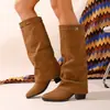 Botas de caña alta de punta fina de gran tamaño para comercio exterior, estilo europeo y americano, otoño 2026, con pliegues, tacón grueso, sin cordones, tacón alto, moda, venta al por mayor