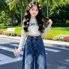 Pantalones vaqueros para niña, estilo coreano de moda, pantalones anchos a cuadros de alta gama para niños mayores, nueva colección de otoño 2026