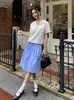 Edición Nanyou 26 Verano Hr~Camisa de Manga Corta Estilo Universitario con Cuello Azul Marino + Falda Midi con Diseño de Cintura Plisada