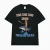 Camiseta de algodón para niños con estampado de tiburón, estampado de personajes de dibujos animados, estilo europeo y americano de verano, manga corta, letras