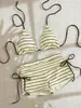Bikini de Rayas Europeo y Americano con Tira al Cuello para Mujer Bloque de Color Correas Triángulo Copas Calzones Traje de Baño Separado Comercio Exterior Transfronterizo