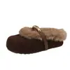 Couro Genuíno Pelo de Coelho Solado Grosso Sapatos Peludos Femininos Com Veludo Quente Slip-on Birkenstock Chinelos de Algodão Mules Mary Janes