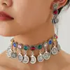 1 Juego de Moda Retro Estilo Medio Oriente Colgante de Moneda con Pedrería Personalidad Temperamento Collar Pendientes para Mujer Conjunto de Joyería para Mujer