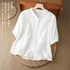 Camisa de Manga Corta de Hilo de Algodón Doble Capa para Mujer Verano 2026 Manga de Linterna Nueva Holgada 100% Algodón Suave Manga de Cinco Puntos