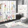 Cortina de ducha digital con diseño de flores y plantas transfronterizas, impermeable, de poliéster, para baño, juego de cuatro piezas, con separación seca y húmeda, resistente a la humedad y al moho.