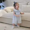 Conjunto de Macacão Azul Marinho com Gola para Meninas, Conjunto Elegante de Verão em Duas Peças para Bebês, Moda de Verão Fashion para Crianças, Roupas para Passeios