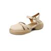 Sandalias Romanas de Piel con Hebilla de Cuero, Parte Trasera Abierta, Cómodas, de Piel Texturizada, Versátiles, para Mujer, Verano 2024, Tacón Medio Grueso