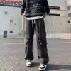 Calça jeans de trabalho estilo americano para rua, com múltiplos bolsos, para homens, adequada para primavera, outono e verão, fina, modelagem solta, perna reta, design de perna larga