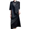 Novo Vestido Feminino Estilo Chinês de Cetim Liso com Gola, Manga Curta Jacquard Solto Midi para Primavera e Verão 2025