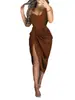 2023 Amazon Wish Ropa de Mujer Transfronteriza Color Sólido Sexy Abertura Falda Larga Plisado Un Hombro Vestido de Noche Ropa de Mujer