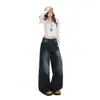 Jeans casuales de pierna ancha para mujer, nuevos de cintura alta adelgazantes holgados modernos azul grisáceo pantalones largos, azul grisáceo longitud extendida por Yichun