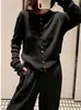 Otoño Nuevo lana peinada negro cárdigan de punto para mujer cuello redondo a rayas colorido delgado suéter estilo chino
