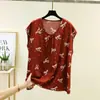 Novo estilo de verão para roupas de mãe, camiseta estampada de algodão com gola V e manga curta para mulheres, blusa básica casual solta, top de algodão artificial
