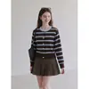 Cardigan Tricotado Listrado Colorido Contrastante Gola Redonda Manga Longa Feminino 2026 Outono Novo Estilo Coreano Peça de Roupa Petite Top de Temperamento