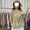 Top tipo camisa de color sólido, cuello alto, manga de tres cuartos, algodón y lino teñido en hilo, suave y juvenil, para mujer, cárdigan babydoll artístico de corte holgado para verano