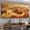 Pintura de parede de fundo para sofá com a Grande Muralha e paisagem de montanha, arte de parede para o escritório, pintura dourada para a sala de estar, vista para a montanha para acúmulo de riqueza