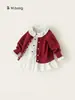 Conjunto de Suéter Bangxuan para Meninas, Conjunto de Duas Peças com Vestido Branco e Cardigã de Tricô Vermelho, Moda Outono para Crianças