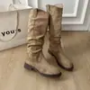 Siente 2026 Botas de Caballero de Diseño para Mujer Nuevas Adelgazantes Otoño e Invierno Botas Largas Estilo Occidental Botas Altas Adelgazantes Arrugas Apiladas Tacón Grueso