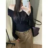 Ropa de Mujer Tk Transfronteriza Estilo Nuevo Coreano Dongdaemun Temporada de Primavera Escote Asimétrico Hombros Descubiertos Fruncido Volante Ajustado Delgado Camiseta