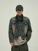 Jaqueta Jeans Biker Falsa de Duas Peças Estilo Americano Tendência para Homens, Marca de Moda de Rua Europeia e Americana para Primavera e Outono Jaqueta Lavada