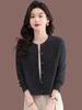 Cardigan Curto de Lã Tricotado Floral Feminino Primavera e Outono Gola Redonda Cintura Alta Moda Jaqueta Suéter