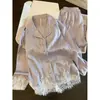 Pijama Morado Hielo de Seda Francés para Mujer, Nuevo Estilo Primavera/Otoño, Tallas Grandes, Ribete de Encaje, Cárdigan, Ropa de Casa de Lujo Ligero, Conjunto de Dos Piezas