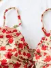 Camisola Roja Floral Pura y Fresca Estilo Chica Picante Transfronteriza Europea y Americana para Mujer, Diseño de Verano con Efecto Ceñidor en la Cintura, Adelgazante, Sin Espalda