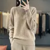 Top feminino casual de malha canelada leve 100% lã, fofo, simples e arrumado, de manga comprida, versátil para outono e inverno