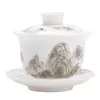 Porcelana de jade de lana de cordero con detalles dorados, taza de té colgante estilo Jiangshan, juego de tres piezas para uso doméstico, juego de té estilo chino para preparar té, taza de té no caliente