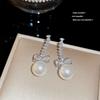 Brincos de Pérola com Pino de Prata S925 Versáteis Elegantes Nicho Geométricos de Alta Qualidade para Mulheres com Laço