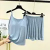 Conjunto de Shorts com Alça e Bojo em Modal Feminino Verão Cor Sólida Sexy Fino Roupa de Casa Conjunto de Duas Peças