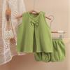 Conjunto de Vestido de Gaze para Bebê Menina Primavera e Verão Novo Cor Sólida Fio Dupla Camada Respirável Confortável Laço de Menina Conjunto para Casa