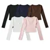 20151-26 Otoño estilo coreano ajustado cuello en V profundo escotado liso básico manga larga jersey camiseta