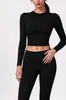 Mingda Top Cropped Manga Longa para Abdômen Revelar Cintura Gola Redonda Roupa Fitness Casaco Emagrecedor Camiseta de Treino Yoga