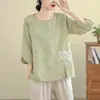 Nova Camisa de Linho de Algodão Bordada com Contas Estilo Chinês para Mulheres, Barra Dividida, Mangas Três Quartos, Top de Verão, Blusa Jovem e Elegante