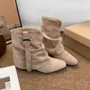 Botines Nuevos de Mujer Otoño/Invierno con Tacón Oculto Puntiagudos con Forro de Borrego Botas Apiladas Fruncidas Botas Vaqueras Western de Gamuza