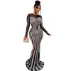 C6198 Aliexpress Amazon Moda Europea y Americana para Mujer Color Sólido Malla Transparente Pedrería Manga Larga Vestido Largo