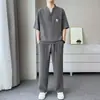 Conjunto de Duas Peças de Verão Confortável Respirável Casual Conjunto Masculino Manga Curta Calça Elástica Estilo Chinês Masculino Versátil Gola Solta